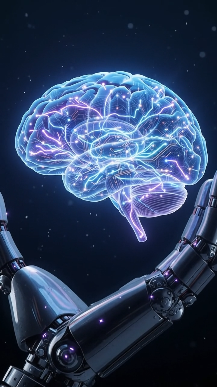 Robotic hands shaping a luminous intelligence